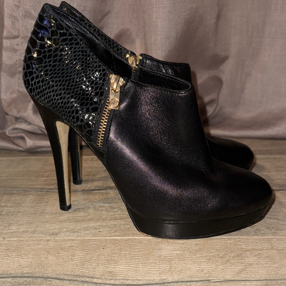 Michael Kors Black Heeled Ankle Boots with Gold Accents